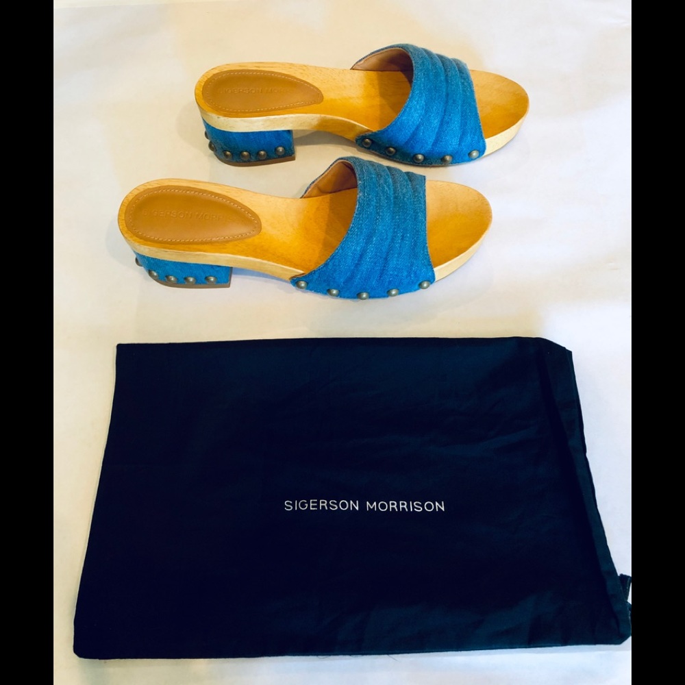 Sigerson Morrison Denim Wood Sandals Sz7.5 NEW⚡️
